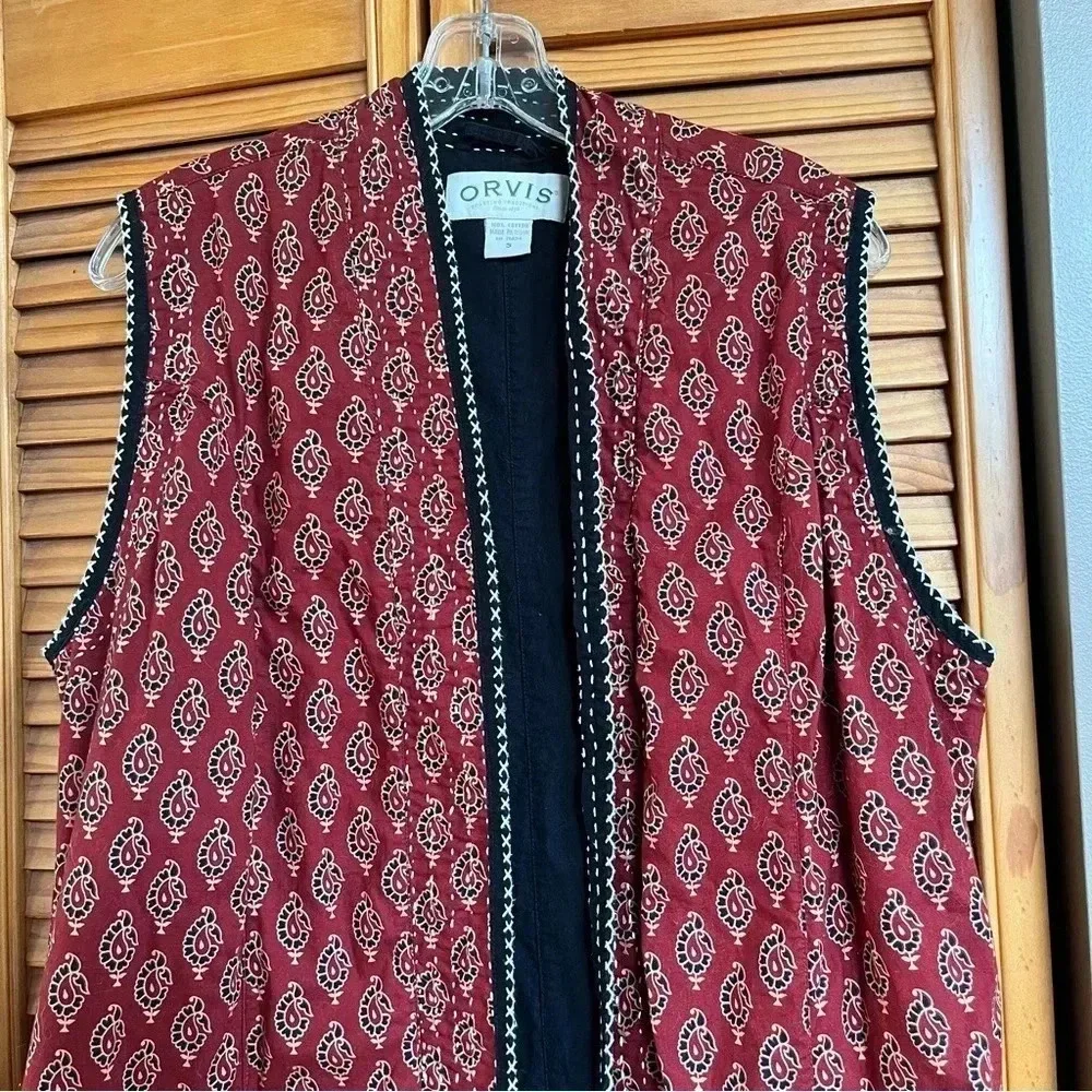 Orvis Open Overcoat Paisley Indian India Sz S Red Stitched Western Long Vest